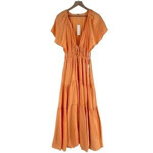 Young Fabulous & Broke Mara Dress Orange Plunging V-Neck Satin Tiered Maxi M